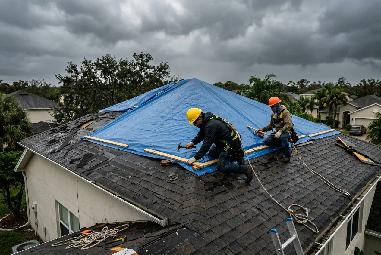Emergency roof tarping and temporary protection during storm on a Florida home — Roof Repair The Villages FL