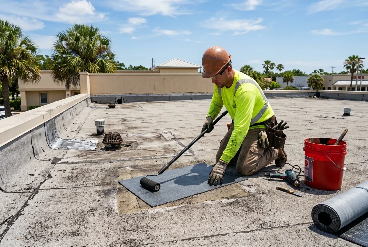 Flat roof membrane patch repair and drainage evaluation on a Florida property — Roof Repair The Villages FL