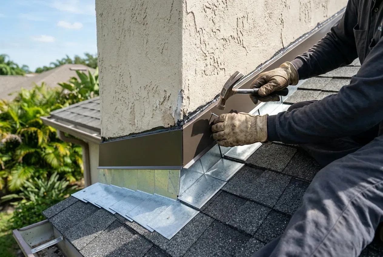 Step flashing and counter flashing repair at chimney transition on a Florida home — Roof Repair The Villages FL