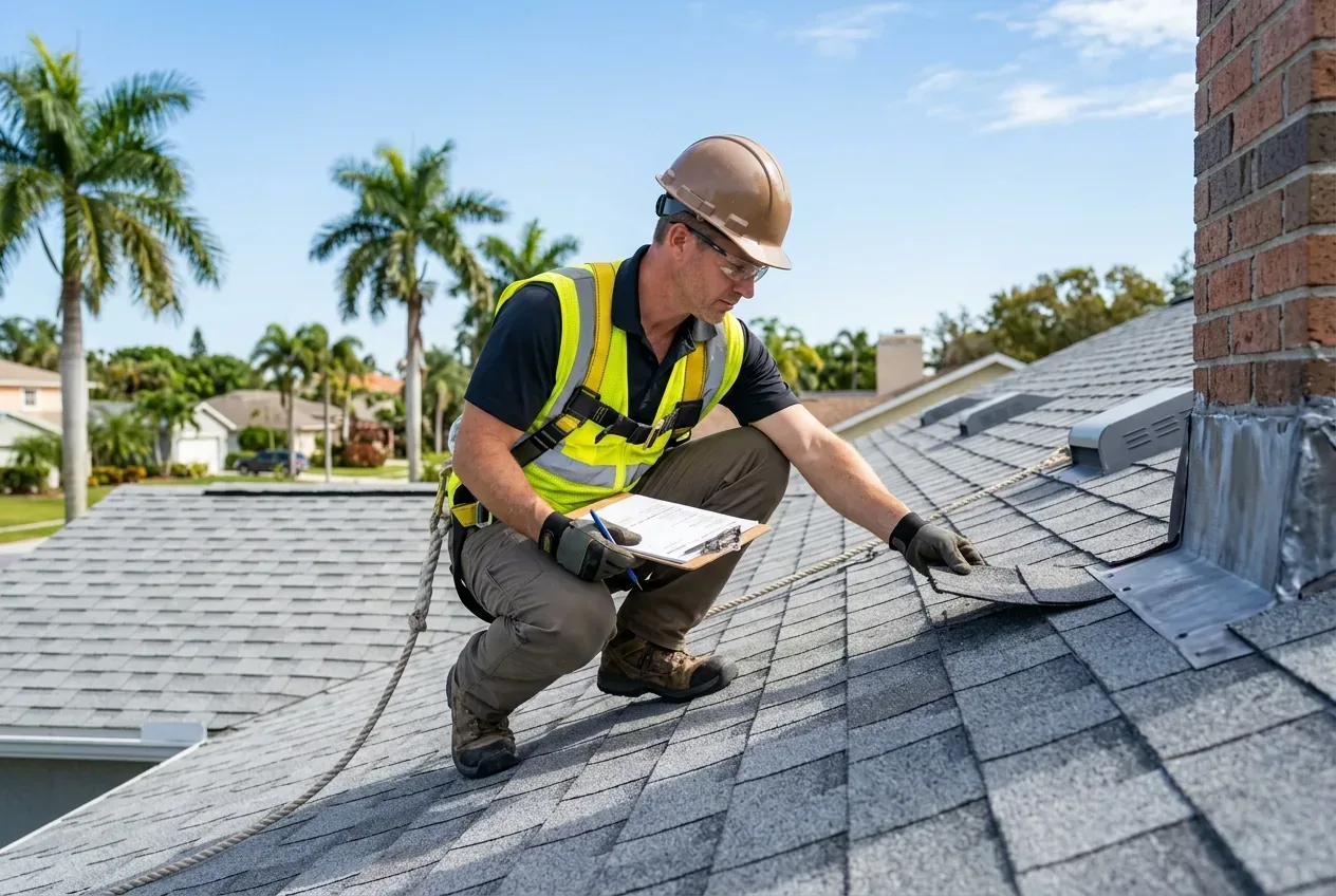 Professional roof inspector evaluating shingle condition and flashing on a residential property in The Villages, FL — Roof Repair The Villages FL