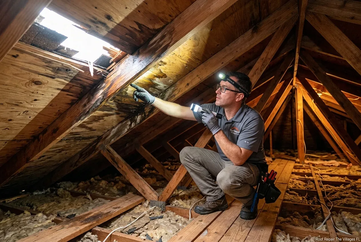 Roof leak investigation tracing water stains to source in attic — Roof Repair The Villages FL