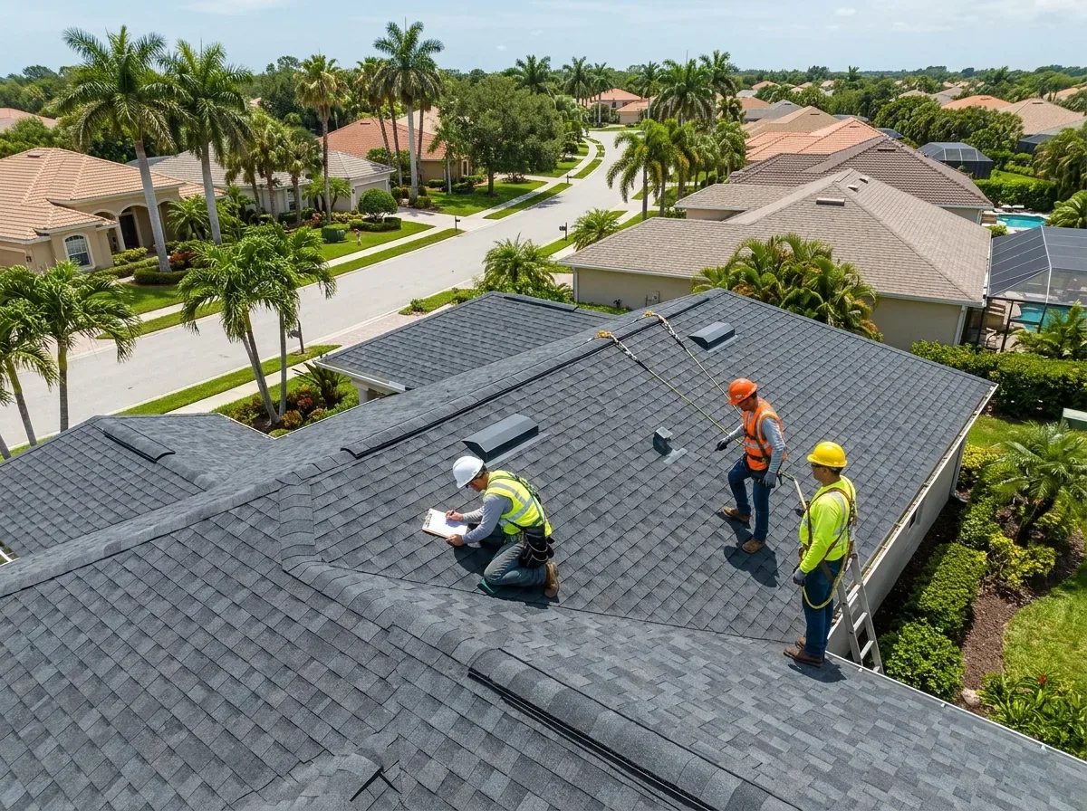 Professional roof repair crew inspecting a residential shingle roof in The Villages, FL — Roof Repair The Villages FL
