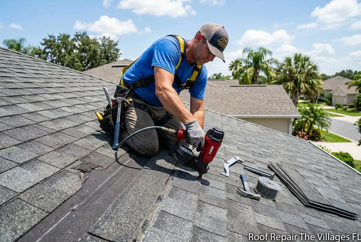 Asphalt shingle roof repair with nail gun and material matching on a Florida home — Roof Repair The Villages FL