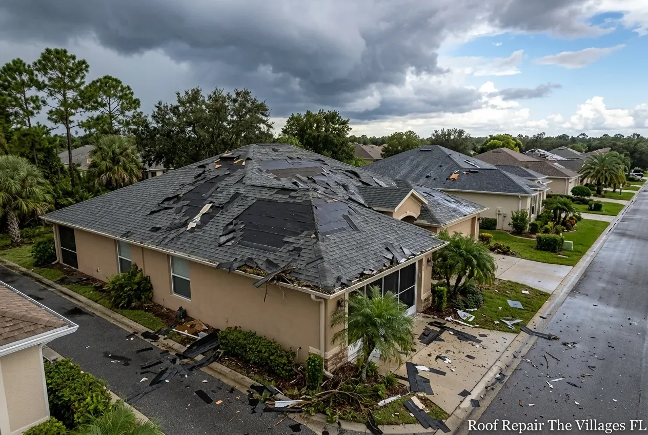 Storm-damaged residential roof with wind-torn shingles in Central Florida — Roof Repair The Villages FL