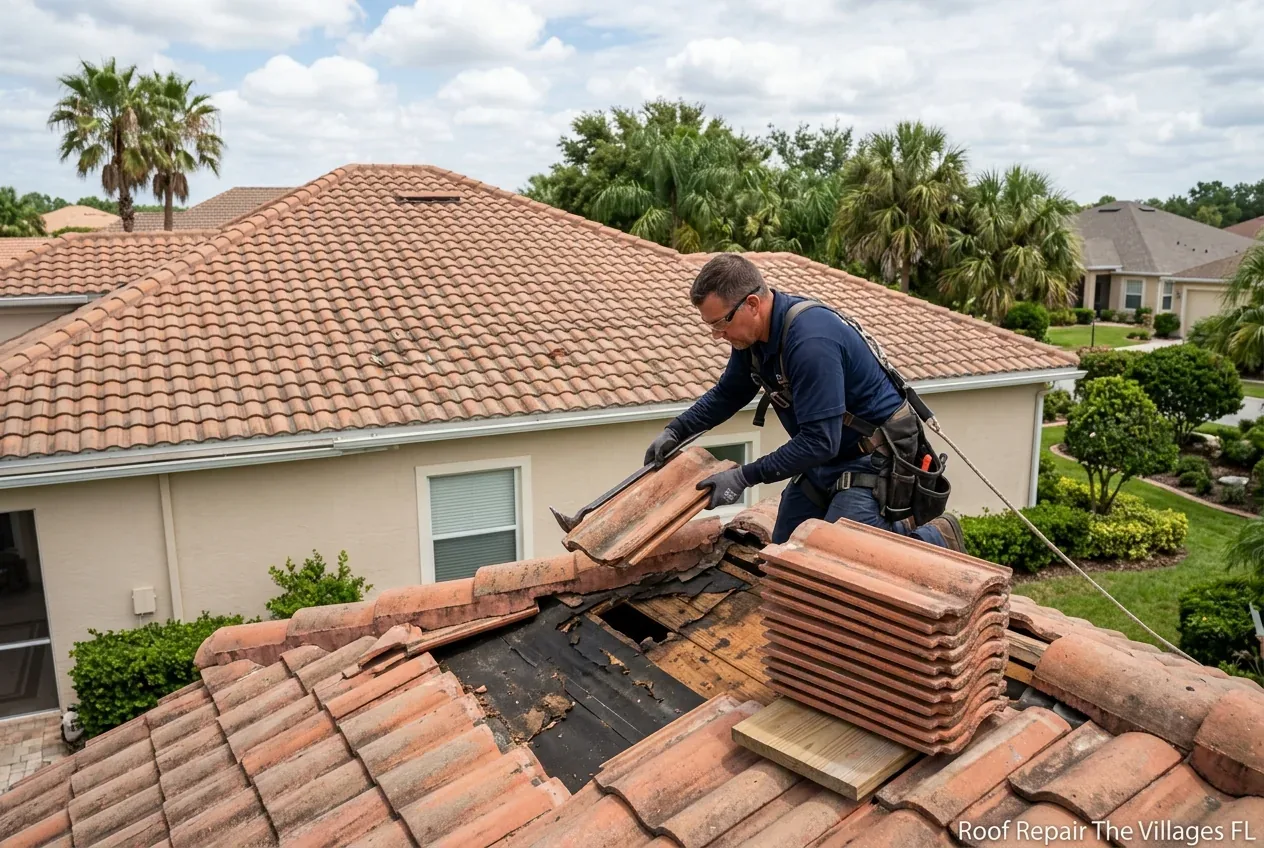 Concrete tile roof repair with underlayment inspection on a Florida home — Roof Repair The Villages FL